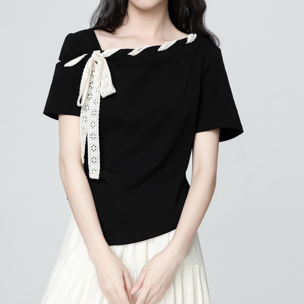 【ARCG】Kaos oblong pendek hitam slim fit untuk wanita seksi gaya street style Ikat pita simpul kupu-kupu 【ARCG】Kaos oblong pendek hitam slim fit untuk wanita seksi gaya street style Ikat pita simpul kupu-kupu