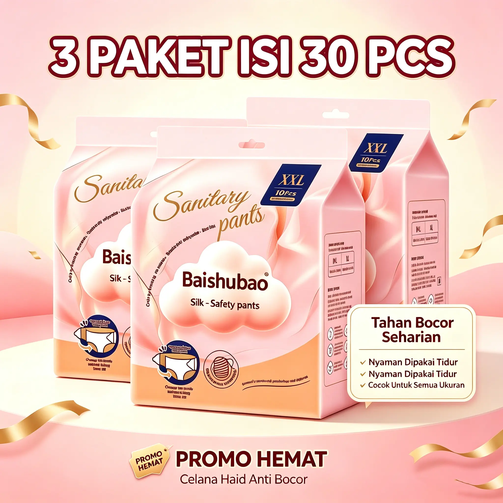 Pembalut Celana Tidur Daya Serap 7 Kali Lipat 30 Pcs Hemat Ukuran M/L/XL/XXL Anti Bocor 360° Tahan 24 Jam Anti Bakteri Anti Bau Anti Gumpal Atasi Gatal & Keputihan Cocok Menstruasi & Nifas Pasca Melahirkan Nyaman Tidur Sepanjang Malam