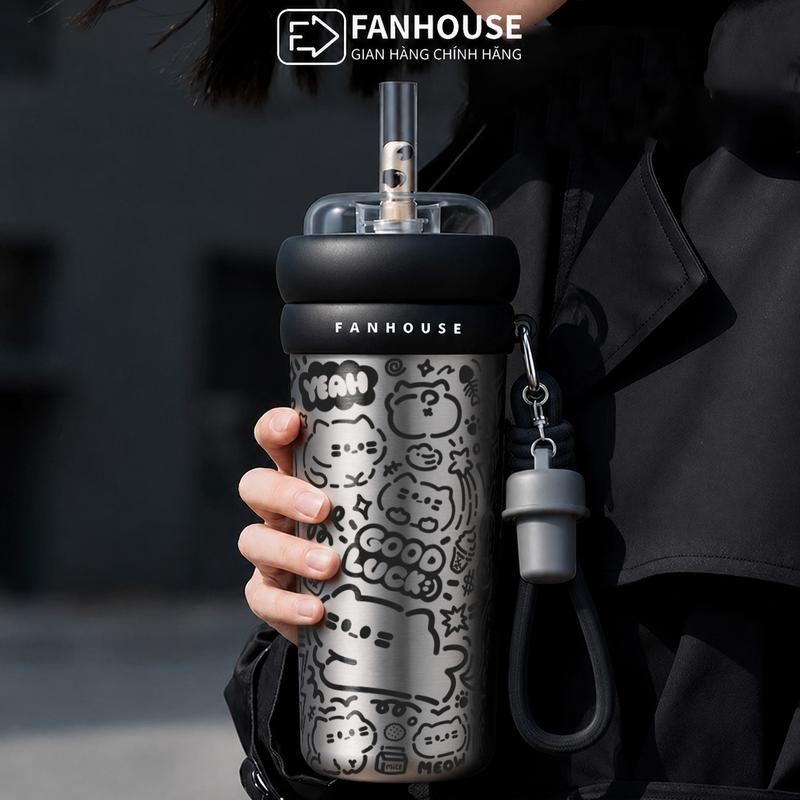 [9k FanHousexvinhbanhbo] Ly giữ nhiệt Milky Tea inox 316 Phủ Sứ dung tích 700ml, Fan House ly nước giữ nhiệt tặng charm giữ nút