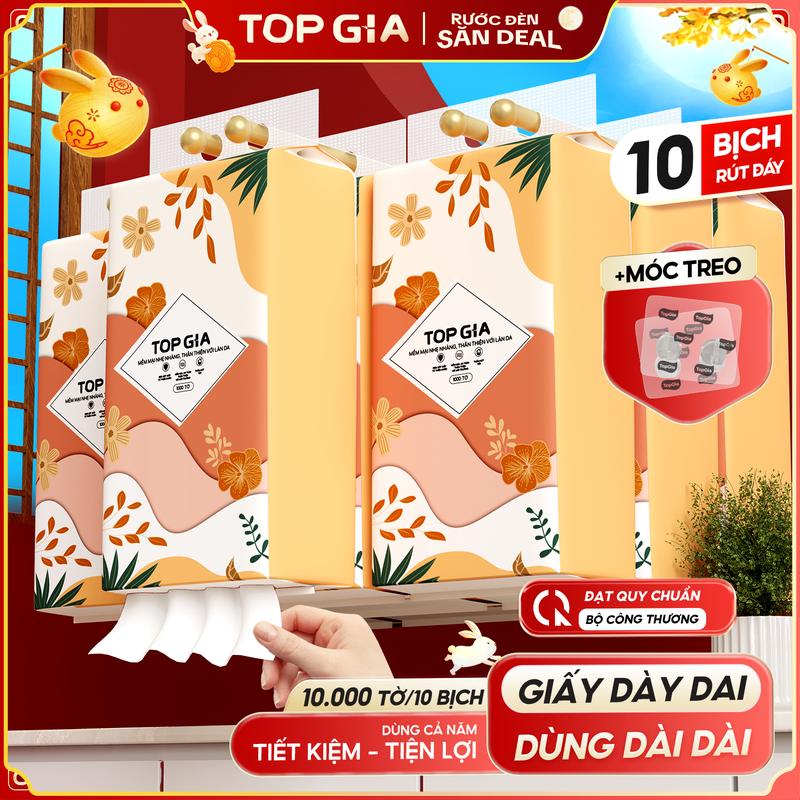 (SIÊU MỀM MỊN - TIẾT KIỆM) Thùng 10 Bịch Khăn Giấy Rút Đáy Tiểu Hạ TOP GIA 4 Lớp Mềm Mịn, Thành Phần Bột Gỗ Tự Nhiên Thân Thiện An Toàn, Khăn Giấy Vệ Sinh 1000 tờ,4 lớp Tặng 3 móc treo tiện lợi Giấy Vệ Sinh giấy rút  ĐẠT QUY CHUẨN CỦA BỘ CÔNG THƯƠNG VTG86