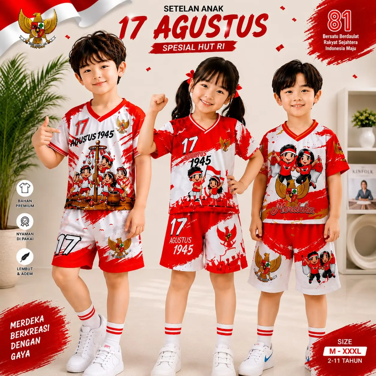 EDISI 17 AGUSTUS-Setelan Jersey Motif Kemerdekaan Republik Indonesia Usia 2-12 Tahun/Stelan Merah Putih Gambar Dirgahayu Garuda Indonesia Tangan Pendek Bahan Dryfit Milano
