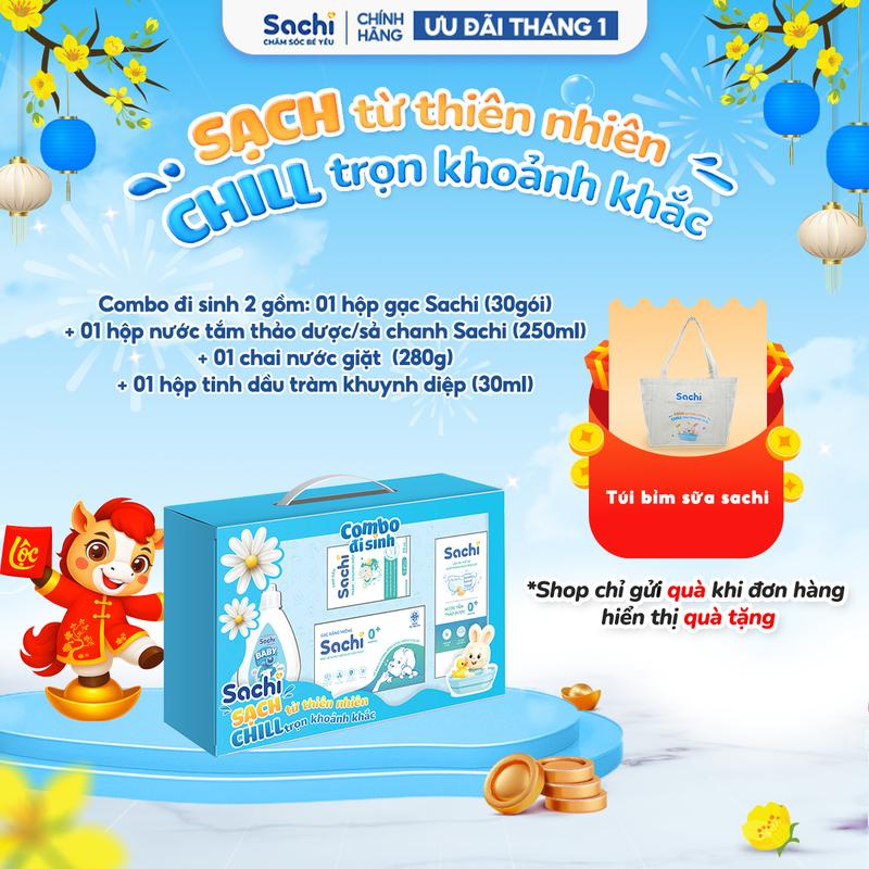  Combo đi sinh 2 gồm: 01 hộp gạc Sachi  30gói  + 01 hộp nước tắm thảo dược sả chanh Sachi  250ml + 01 chai nước giặt   280g  + 01 hộp tinh dầu tràm khuynh diệp  30ml  