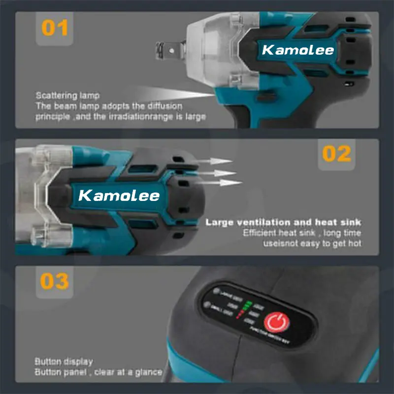Kamolee DTW285 520 N.m Torsi Electric Impact Wrench 1/2"1/4" Dual Function [baterai tidak termasuk] 3