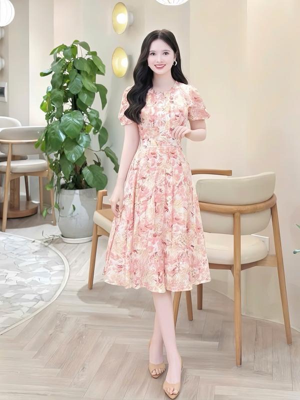 Đầm váy nữ thiết kế Nhật Vy hoa voan cổ tròn xếp ly ngực tay ngắn dáng xoè du lịch đi chơi biển công sở văn phòng dự tiệc quà tặng vợ mẹ màu tím nude hồng - D3381