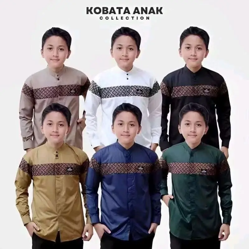 Baju Koko Anak lengan Panjang motif Batik Kobata series Usia 8-14th warna Putih Cokelat Navy Hitam busana Muslim Santri Remaja Nyaman