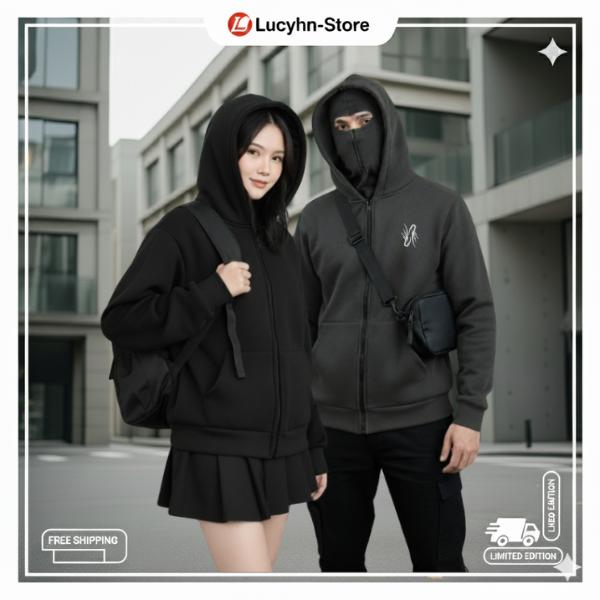 Áo Hoodie Balaclava, Hoodie zip Thiết Kế 2 mũ Độc Đáo, trùm kín đầu, Chống nắng cực tốt Fom Unisex Nam Nữ kiểu dáng trẻ trung năng Động