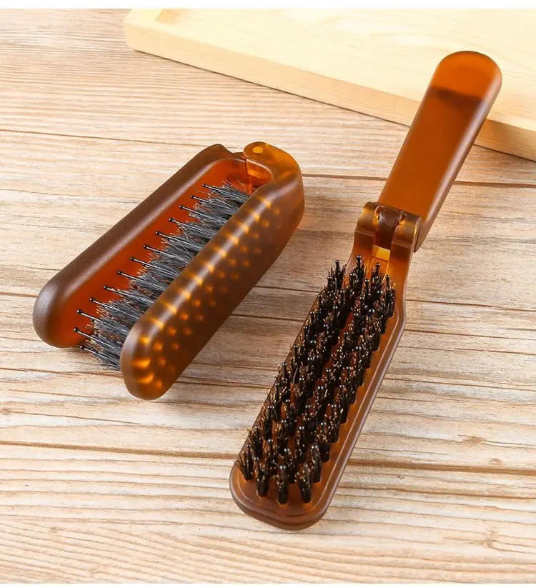 Portable travel folding pig bristle comb for women's makeup, curly hair, fluffy styling, portable small comb