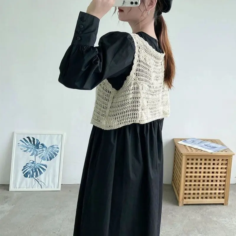 Áo Ba Lỗ Croptop Đan Áo Ba Lỗ, Thiết Kế Rỗng Phong Cách Cổ Điển, Dệt Kim Đi Biển, Cài Cúc, Áo Cardigan, Không Tay, Vải Sang Trọng Và Thường Ngày, Dành Cho Nữ 4