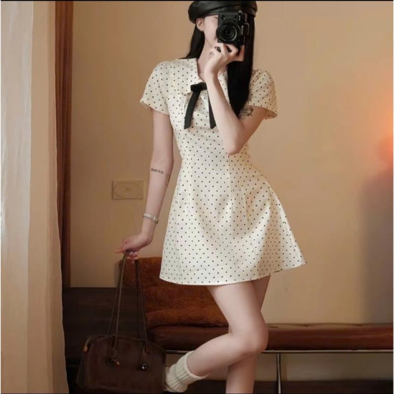 Đầm Chấm Bi Cổ Sen Đính Nơ Chiết Eo Nhẹ Nhàng Dáng Xoè ( shoptrangmay )