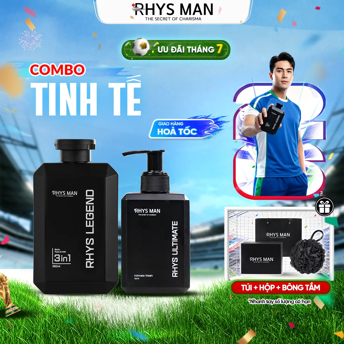 Combo Tinh Tế Rhys Man - Sữa tắm gội hương nước hoa cao cấp 350ml & Gel vệ sinh nam 120ml | Tặng : 1 Set Hộp & Túi Dưỡng Thể