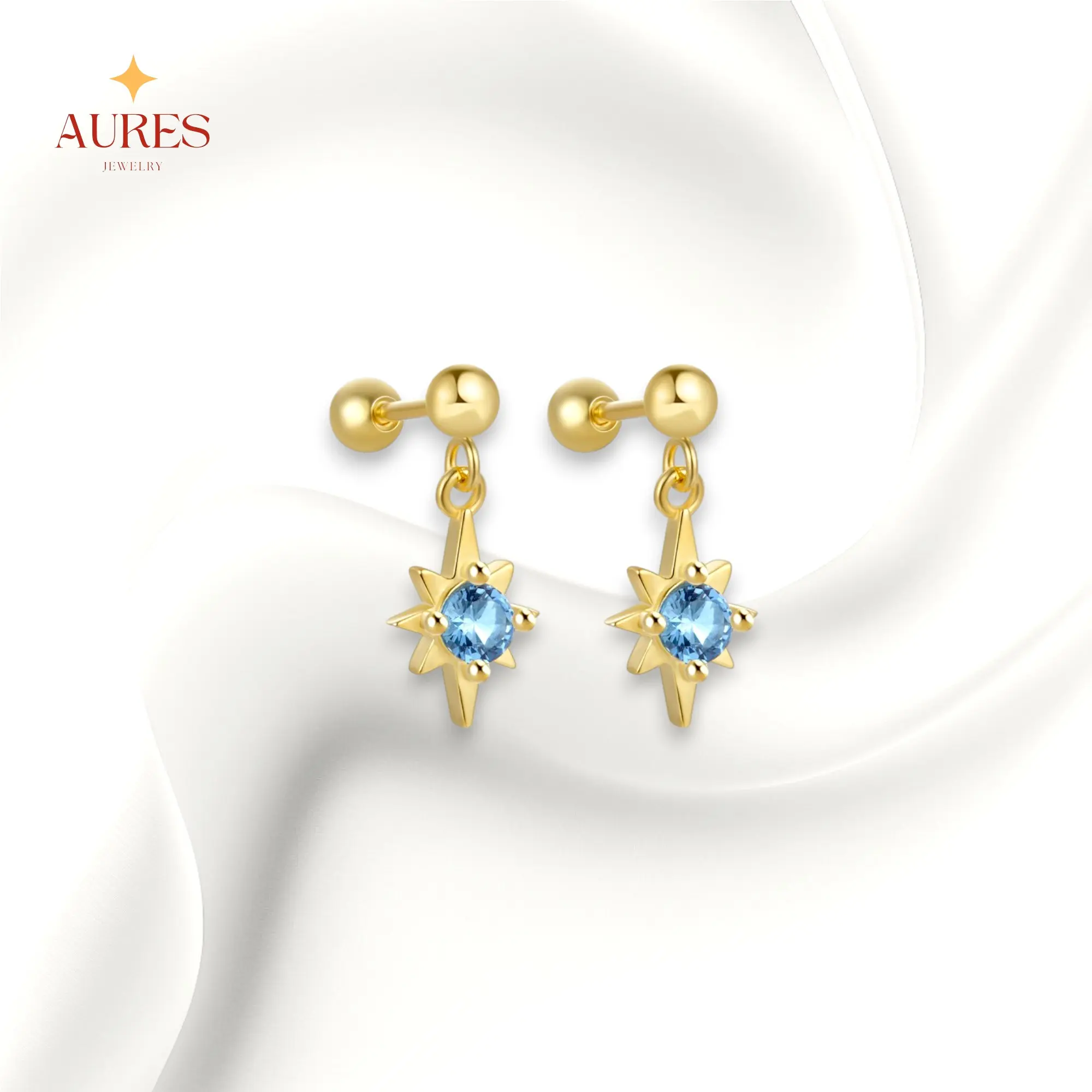 [AURES JEWELRY] Stella Earring - 925 Sterling Silver Gold Plated Ball Piercing Round Pendant Glossy Blue Star For Women