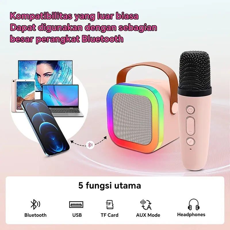 【Kkimi Lndonesia】K12 Mikrofon Bluetooth Speaker Karaoke Mikrofon Mini Portabel Dengan Rgb Cahaya Led 6