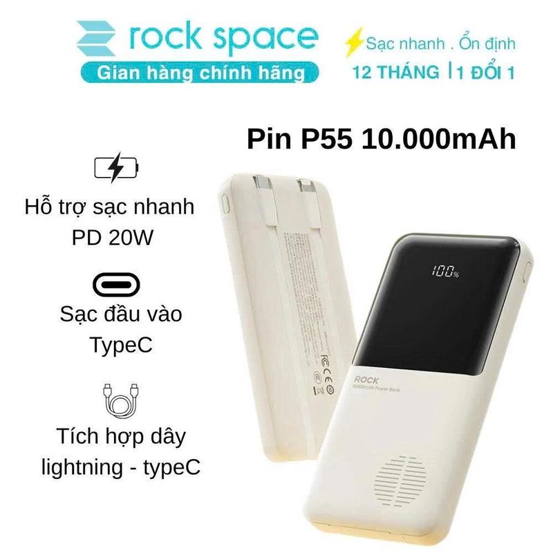 Pin sạc dự phòng Rock P55 Rockspace 10.000mAh tích hợp cáp hàng chính hãng bảo hành 12 tháng