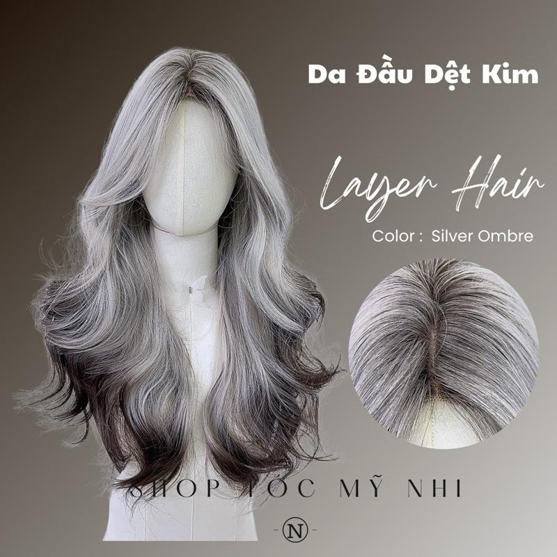 Tóc Giả Mỹ Nhi Xoăn Layer Hai Mái Bay Chân Tóc Nâu Tối Nhuộm Màu Bạc Silver Loang Màu Fox Ombre Color x-dk1-0109 Da Đầu Dệt Kim trendy