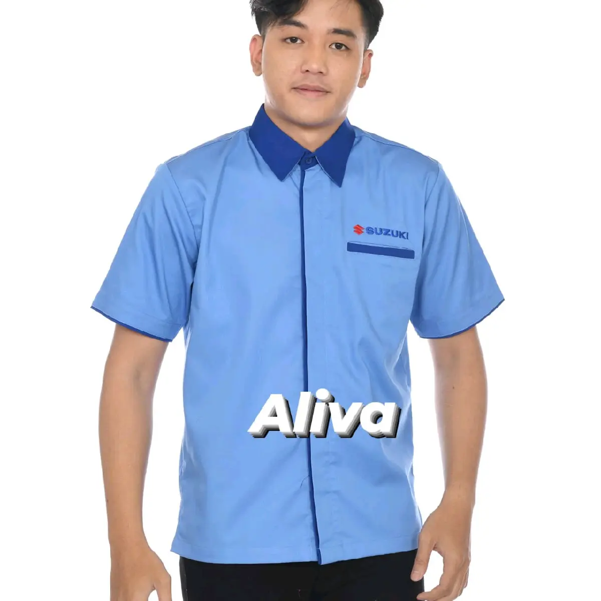 Kemeja Seragam Kerja Pria Baju Kantor Baju Karyawan Marketing Suzuki Bordir Biru Navy Panjang Safety Wearpack