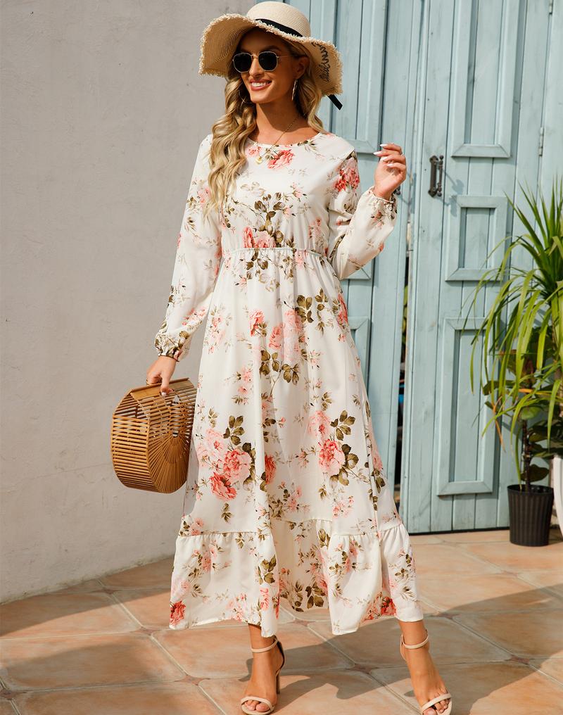 Product Introduction of Cross-Border Foreign Trade Spring and Autumn Floral Chiffon Dress Waist-Controlled Slimming Long Sleeve round-Neck Long Printed Dress Women's 11