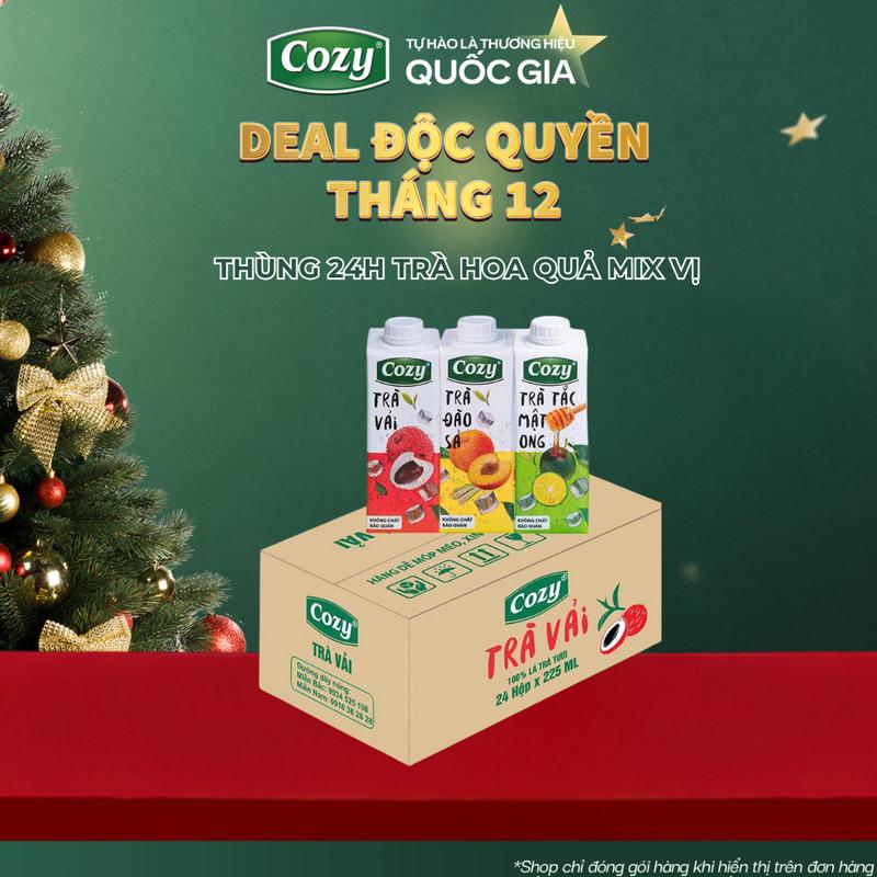  Thùng 24 Hộp Trà Hoa Quả Cozy Tea 225ml hộp - Vị Chua Ngọt Thanh Mát Giải Khát - Nước Trà Thơm Tươi Nguyên Chất Cozy Đào Sả & Tắc Mật Ong & Trà Vải 