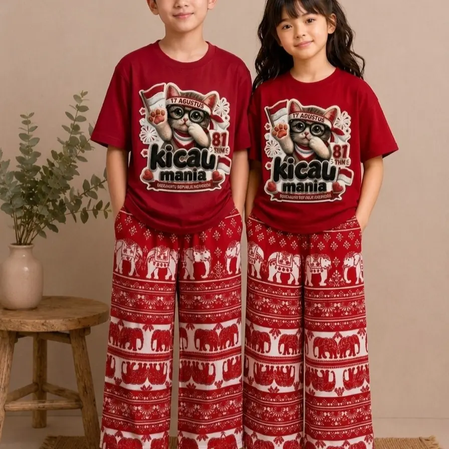SETELAN ANAK CEWEK COWOK MERAH PUTIH 3-12 TAHUN/ ONE SET ANAK UNISEX KICAU MANIA CELANA GAJAH THAILAND