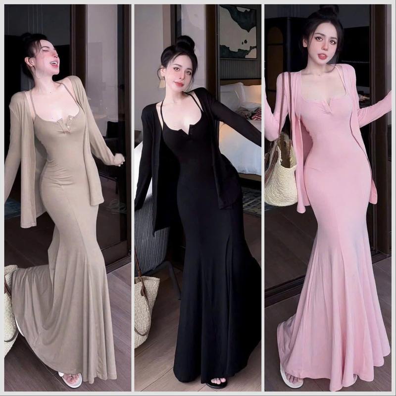 SM - Set đầm nữ hai dây cài nút dáng dài xoè đuôi cá ôm body kèm áo khoác tay dài - thun gân lạnh H844 Váy boby váy body nữ tôn dáng váy xinh váy đi tiệc váy đi biển