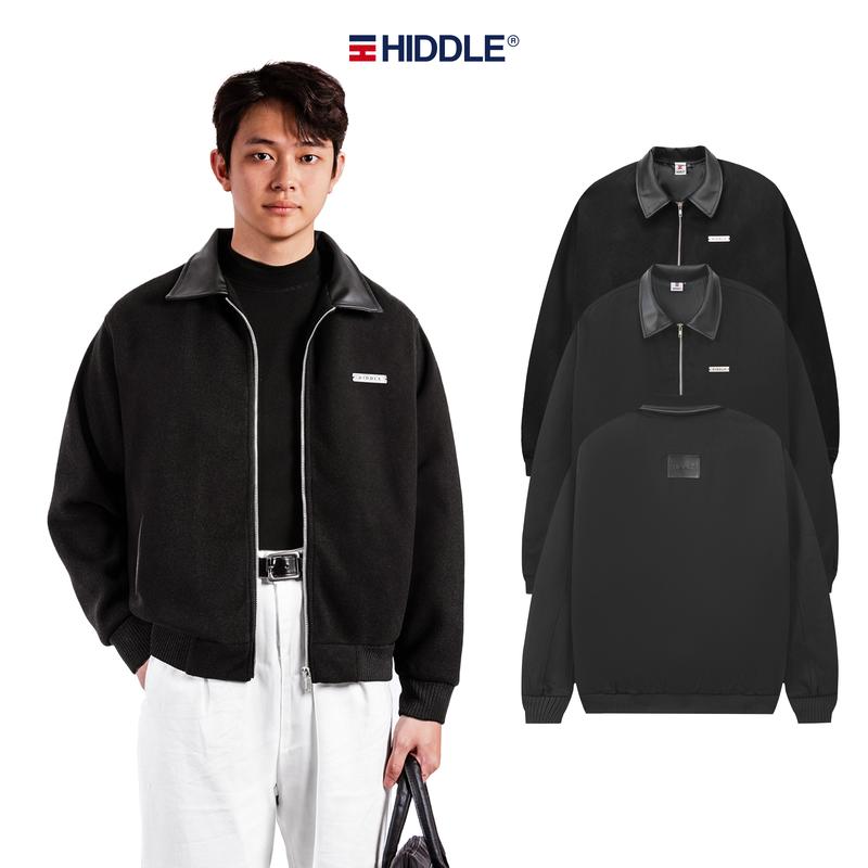 Áo khoác nam phối da chính hãng HIDDLE dạ và kaki cao cấp 2 lớp cổ bẻ có túi trong | H11-AK3