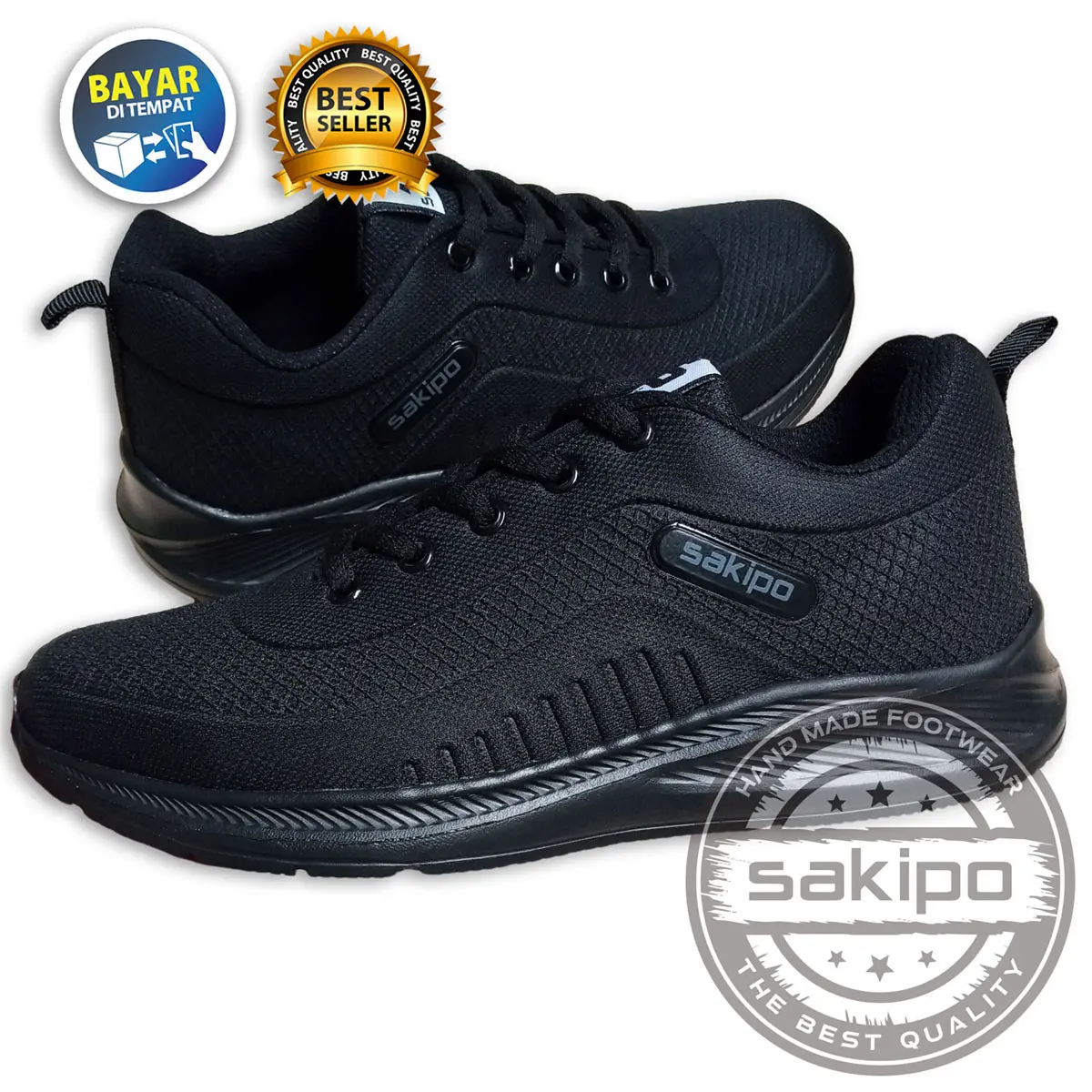 Sepatu Sekolah Hitam Polos Merek Sakipo SD SMP SMA SMK Kuliah / Sepatu Olahraga Lari Bertali Warna Hitam  / Sepatu Jogging Murah / Sakipo Outdoor Running Casual Shoes
