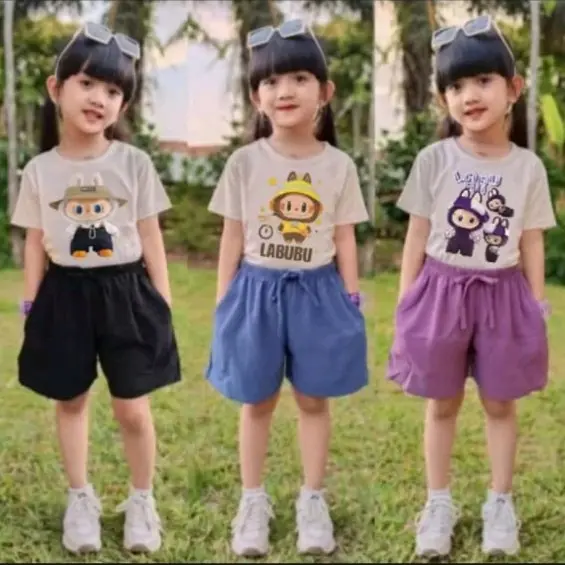 Setelan Labubu Celana Pendek Fashion Anak Perempuan Usia 2-11 Tahun 0