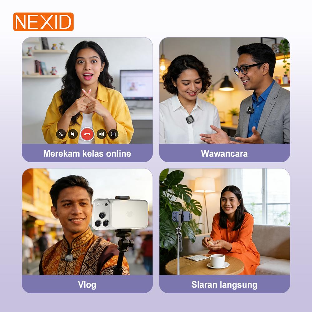 NEXID Wireless Microphone 2-In-1 Clip On Profesional Mic Magnetic Mikrofon Play dengan Charging Case Dual Lavalier Magnetic Plug Play Live Stream HP Plug Play Peredam Kebisingan 2 Mic untuk Recording Video Untuk Live TikTok YouTube