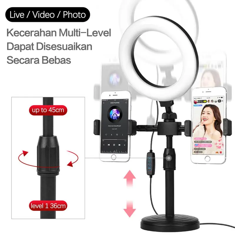 Ring light 16cm+Tripod +2 Holder HP Ring light Tripod Mini Stand HP Live stream Selfie Make Up Vlog Lampu 1
