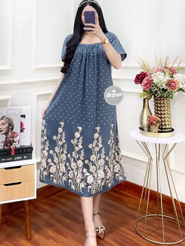 Daster Motif Akar Bunga 3/4 Chibi Elsa - Kain Santung Rayon Tebal - Busui Friendly Karet Wanita Bumil Ibu 3
