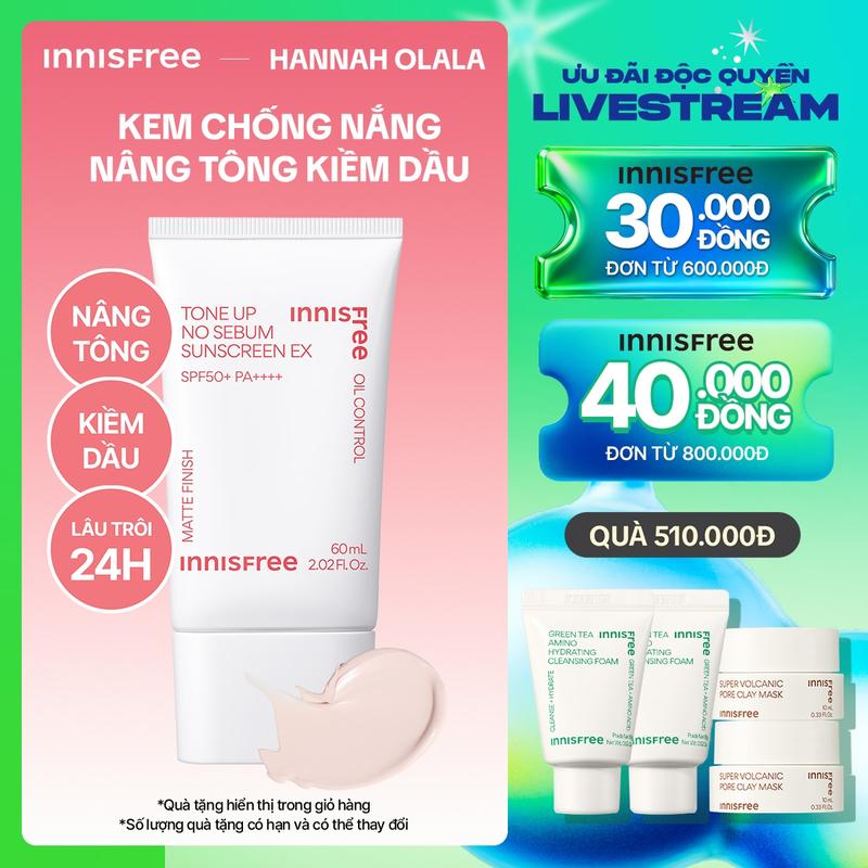  Innisfree x Hannah - Kem chống nắng nâng tông kiềm dầu INNISFREE Tone Up No Sebum EX SPF50+ PA++++ 60mL 