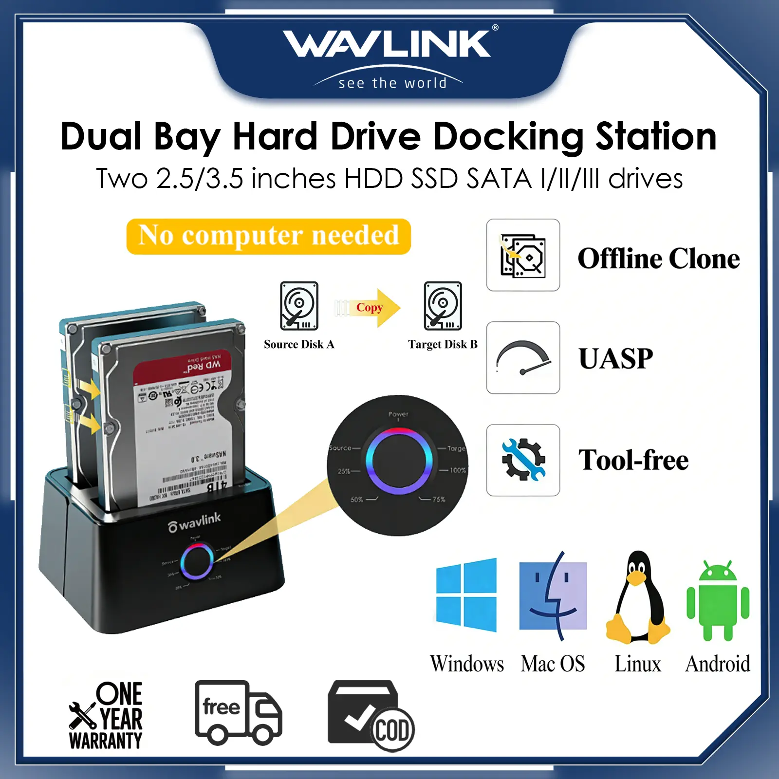 WAVLINK Docking Station Hard Drive Dua Slot, USB 3.0 ke SATA I/II/III, Docking Station Eksternal Tanpa Alat untuk HDD/SSD 2,5/3,5 inci yang Dapat Diletakkan Datar, Dilengkapi Fungsi Duplikasi Hard Drive/Kloning Offline, serta 1 Konverter USB-A ke USB-C