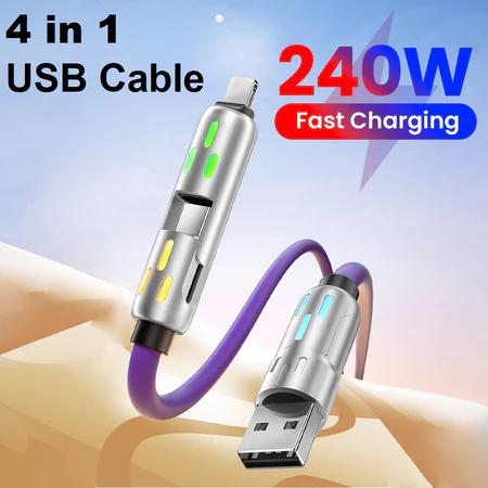 Cáp dữ liệu, Chức năng 4 trong 1, Sạc siêu nhanh, USB Type C, Chất liệu silicon lỏng, Hợp kim nhôm, Công suất 240W 6