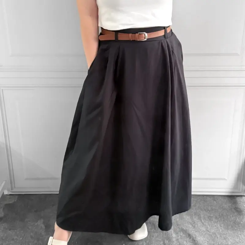 Rok Maxi Highwaist A-Line Wanita Katun Panjang Dengan Belt Sabuk - Casual, Cewek, Midi, Serut, Mini, Dewasa, bawahan 5