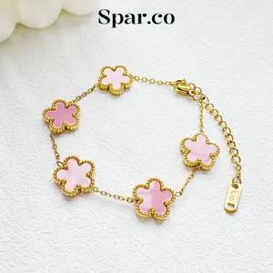 Spar.co Pink Clover Bracelets Gold Plated Adjustable Anti Karat - Perhiasan Gelang  fairy Clover Rantai Emas Titanium Model Bunga Mutiara Merah Pink Aksesoris Wanita Elegan High Quality Hadiah Cewek Gift SP-AAD1135 (A)
