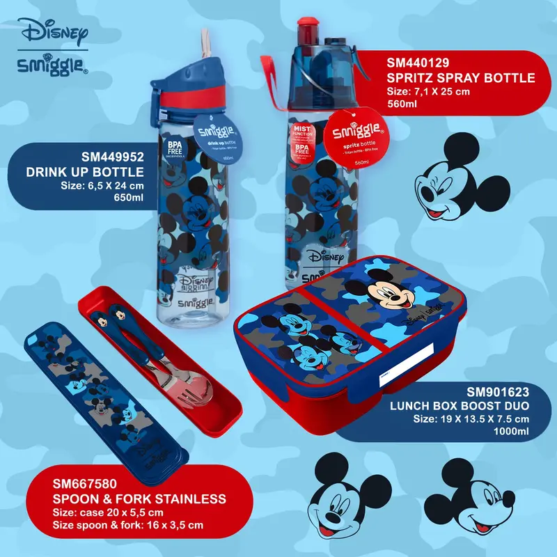 SMIGGLE X DISNEY MICKEY MINNIE DRINK UP /SPRAY BOTTLE/ LUNCHBOX/SPOON SET 5