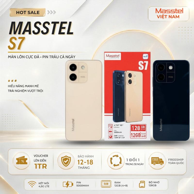 [SALE 6.8] Masstel S7 pin 5000mAh dùng bền cả ngày, màn hình lớn 6.745 inch, Android 14 hiện đại, điện thoại chính hãng, RAM 12GB (4+8), ROM 128GB