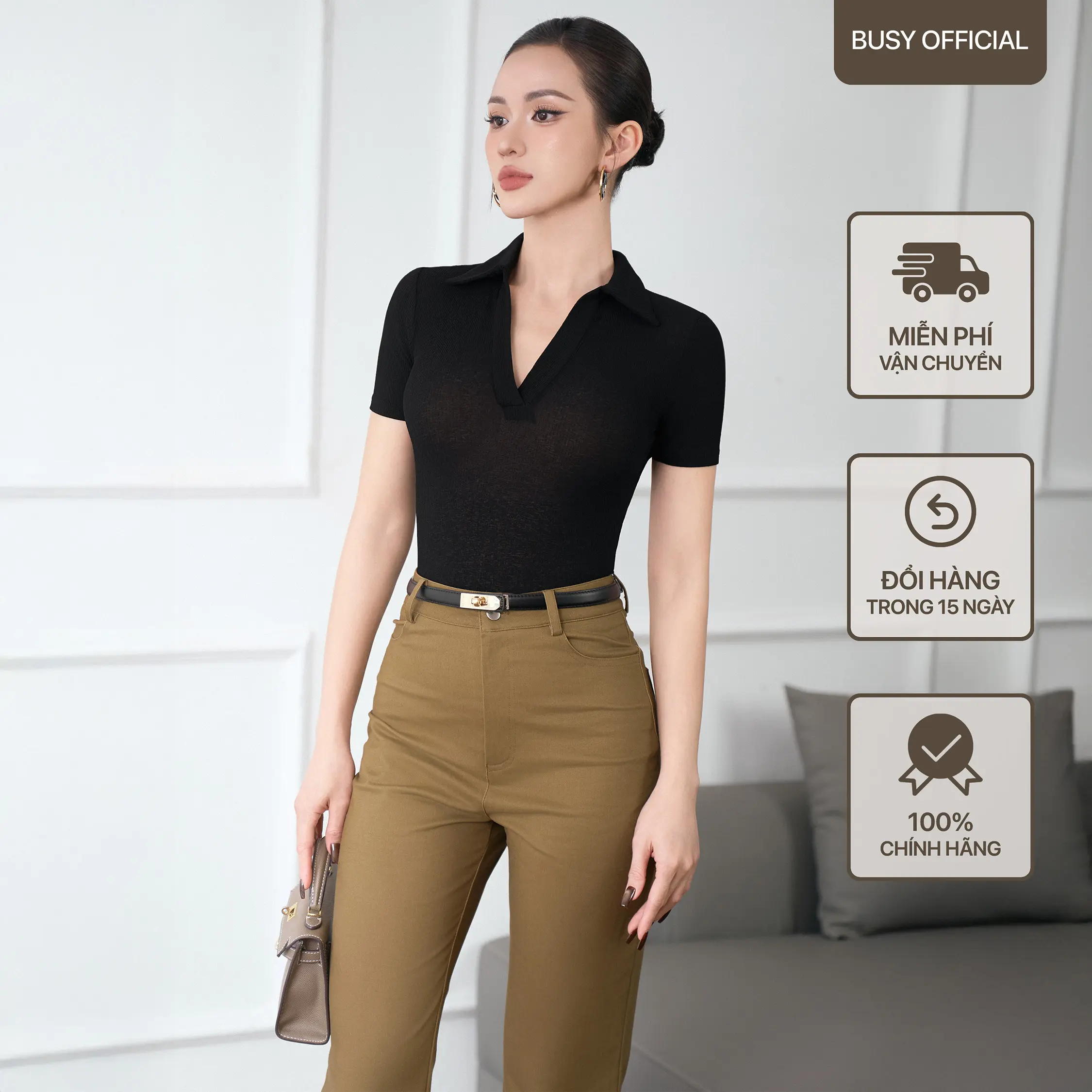 [BUSY] Áo Ngắn Tay Cổ Đức Nữ Dáng Thường BUSY Thun Tăm Giấy Co Giãn Ôm Sát NT24T Women Top