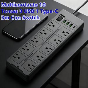 Regleta Negra, alargador múltiple de 10 en 1 con USB, divisor de enchufes con cable estándar de EE. UU. de 3 m con 3 puertos USB, 1 extensión tipo C y 8 salidas, regleta con adaptador de cargador con cable, , regletas, enchufe para TV profesional, enchufe computadora
