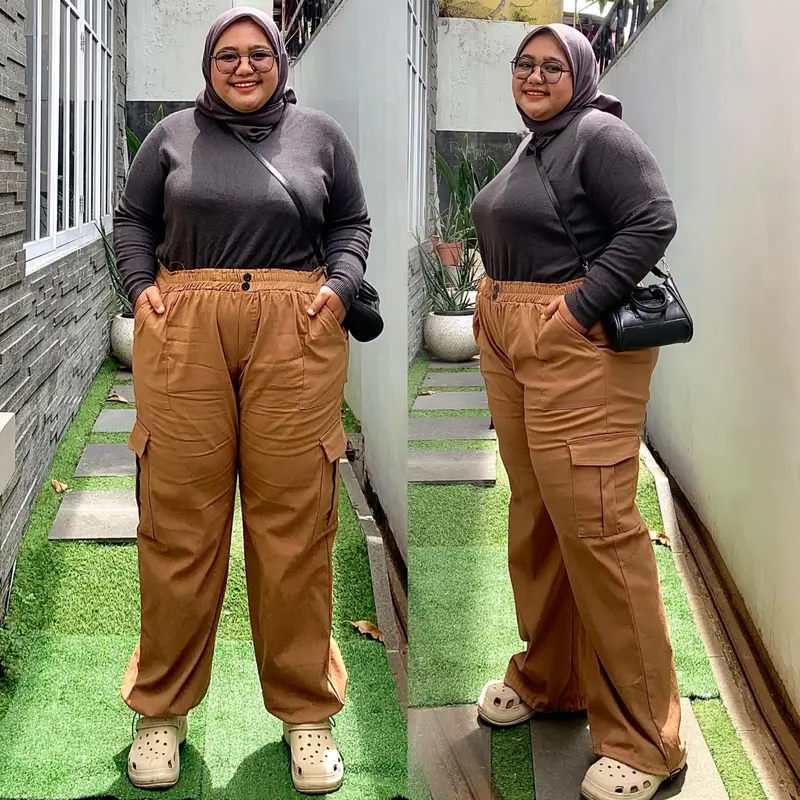 Celana Jumbo Yumi OOTD Hijab Style Jumbo LP 75 - 170 cm Pj 105 BB 70 - 150 kg an Celana Panjang Cargo Soft Jeans Stretch / Melar Tebal Pants Wanita Basic Kulot / Serut Jogger Kasual / Outdoor Denim 5