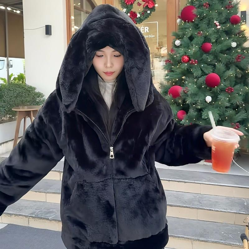 Áo khoác lông thỏ có mũ TAI THỎ dày dặn rộng thụng siêu xinh hàng QC