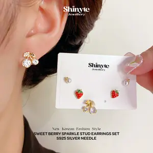 Shinyte Jewellery 3 Pasang Anting Tusuk Set Korean Style S925 Silver Needle - Sweet Berry Cherry Strawberry Crystal Pearl Stud Earrings Wanita Lucu Elegan K03-309
