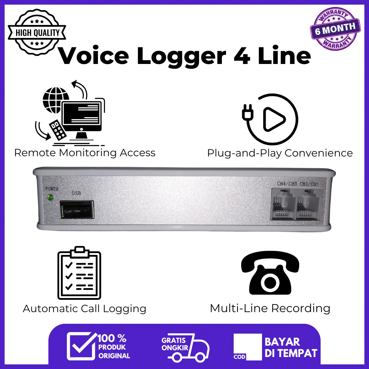 VOICE LOGGER/ALAT RECORDING TELEPHONE/ALAT REKAM PANGGILAN 4 PORT LINE