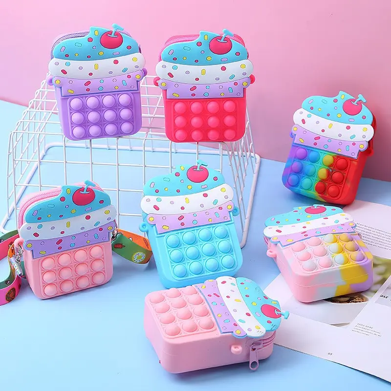 Wonderful Toys Pop It Bag Silicone Fidget Toy Coin Purse Kawaii Ice cream Rainbow Pink Sling Bag for Kids