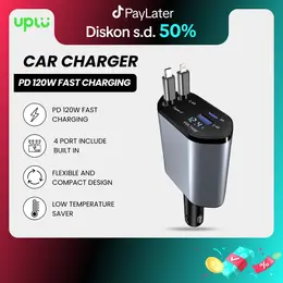 [EXCLUSIVE] UPLU Pengisi Daya Mobil 120W Super Cepat USB Adaptor Type C dan Lightning Panjang Kabel 880mm