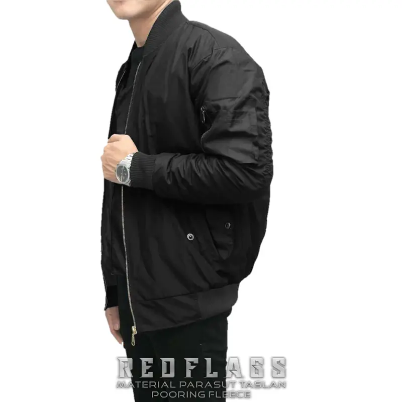 Red Flags Jaket Pria Bomber Polos Keren Parasut Ritsleting Windbreaker Cowok Lengan Panjang Original Lokal Distro Bandung Jumbo Size M L XL Hitam 4