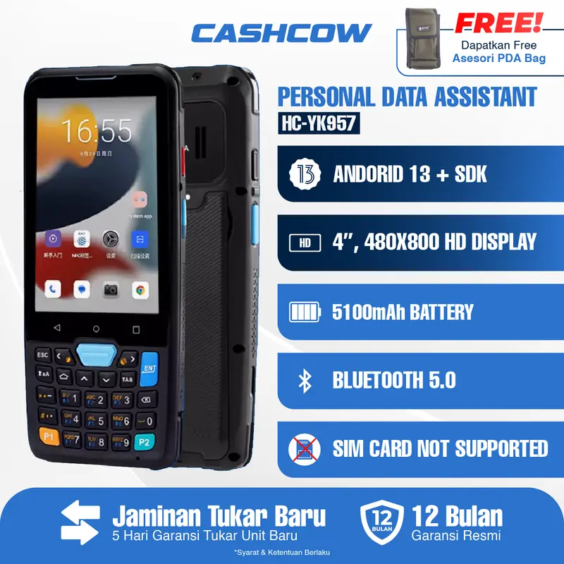 PDA Mobile Barcode Scanner 2D Android 13 Sim Card NFC IP67 4/64GB 5100mAh HC-YK957 0
