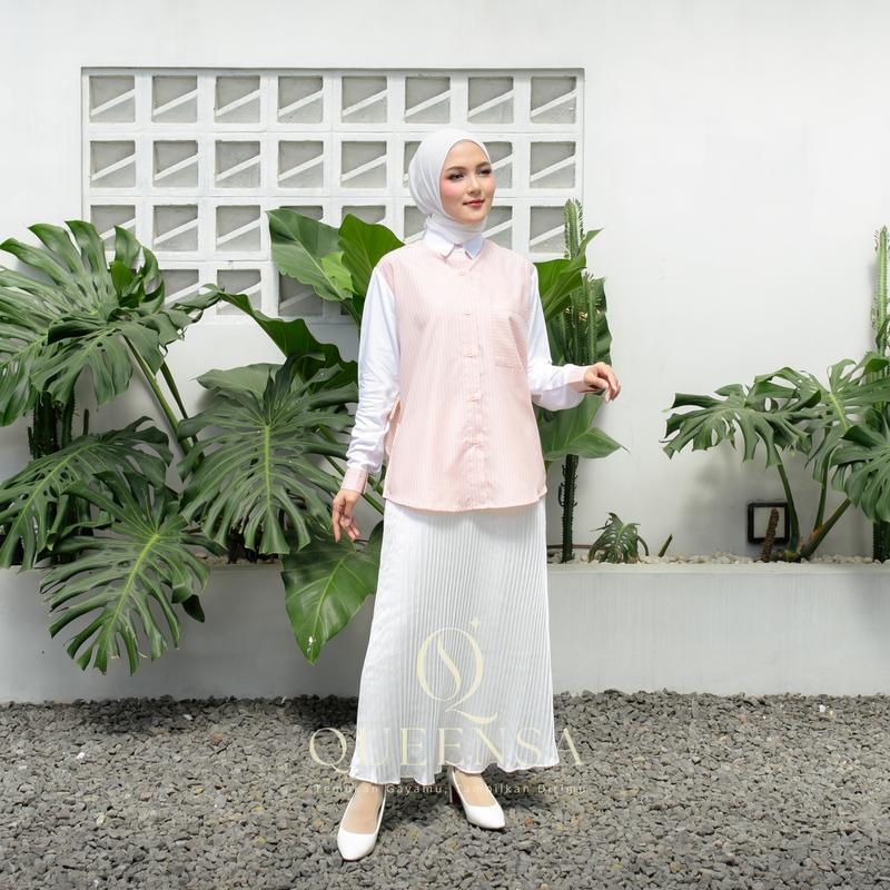 Queensa - Kemeja Azalea Wanita Salur Katun Rayon Polos + Pita | Blouse Lengan Panjang Stylish & Nyaman | Outfit Hijab Casual Terbaru 7