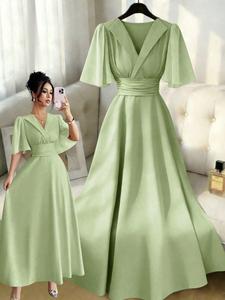 Nuevo vestido para mujer con cuello de solapa, cintura fruncida y lazada en la espalda, patchwork de gasa, mangas peplum, vestido casual elegante para el verano