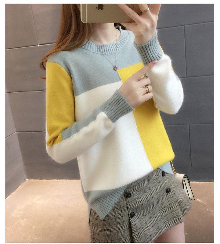 Product Introduction of ZANA Autumn and Winter Women's New Pullover Sweater Loose Korean Color Block Long Sleeve Knitted Bottom Top 12