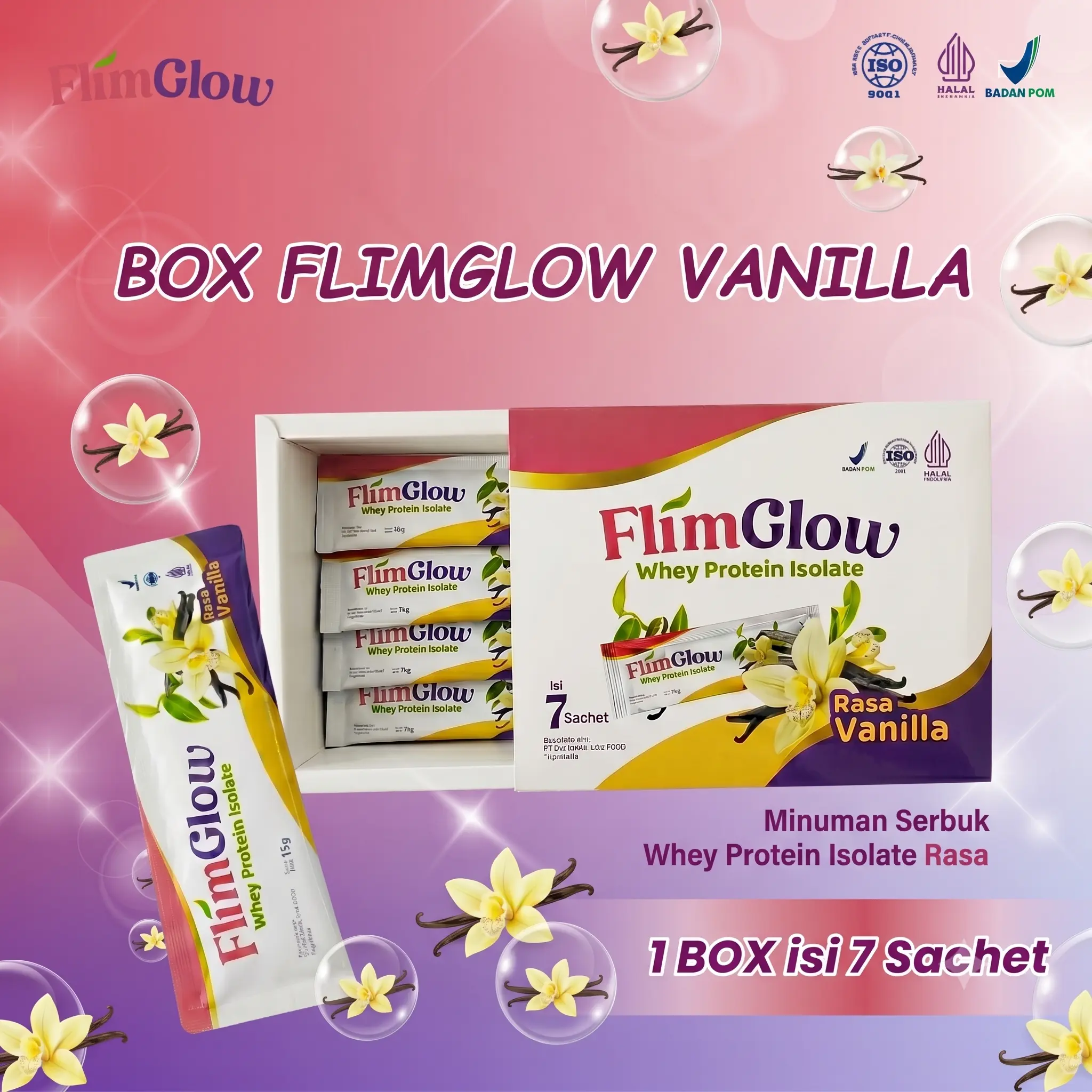 FlimGlow  Whey Protein Rasa Vanilla BOX isi 7 Sachet